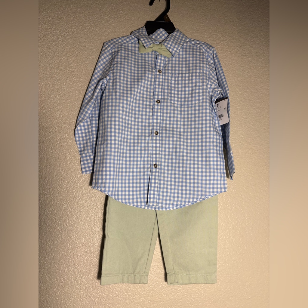 Nwt Carters 3t Outfit - Blue Checkered Kids Shirt With Bow Tie & Matching Pants